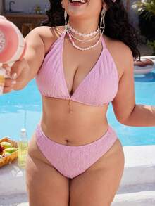 Swim Mod Top de bikini de talla grande para mujer de unicolor con decoración metálica y espalda descubierta - Rosa - Ver 7