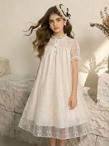Glamorique Tween Girl Girls Elegant Lace Trim Puff Sleeve Cinched Waist Apricot Princess Dress, Summer - Apricot - View 1