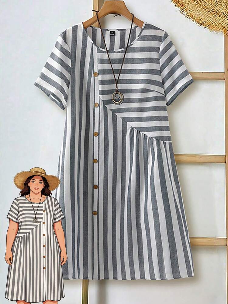 Plus Size Women's Round Neck Short Sleeve Button Design Casual Loose Striped Dress/Summer/Vacation,Spring Clothes Women.Vacation Outfits Women ,Spring Clothes Women,Beach Vacation Outfits For Women, Vacation Outfits Women,Casual Women's Dresses,Spring Dresses Stripe Dress Summer Casual Dress Summer Dresses With Pockets Pocket Dresses For Women Linen Dresses For Women Summer 100 Cotton Dresses Coastal Dress Women Linen Outfits Casual Dresses For Women Summer Casual Outfit For Women Dress Picnic Dress For Women Sewing Patterns For Women Clothing Women's Summer Outfits Women's Summer Dresses Women Casual Dresses