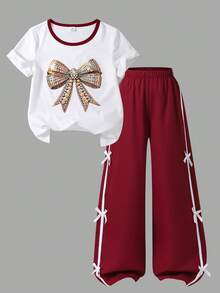 SHEIN Genkimix Kids 两件套女童宽松休闲撞色蝴蝶结印花短袖T恤搭配纯色蝴蝶结长裤，修身版型，适合夏季旅行、度假、上学和户外活动穿着。 - 紅白色 - 查看 3