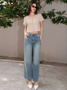 Bris Aura 女式阔腿牛仔裤，带口袋，宽松牛仔裤 - 中等水洗藍 - 查看 1