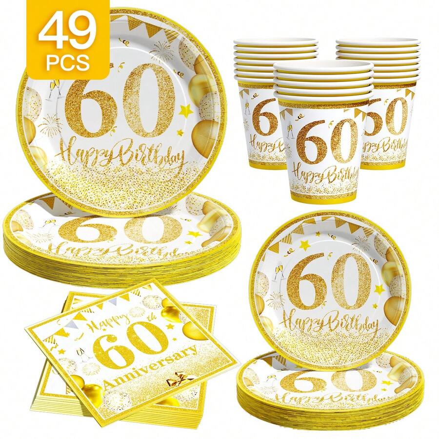 金色气球60周年纪念一次性餐盘、餐巾纸和杯子套装，可供8位客人使用。这款一次性派对用品套装（包括餐盘、餐巾纸和杯子）非常适合生日派对、婚礼和家庭野餐。 - 查看 1