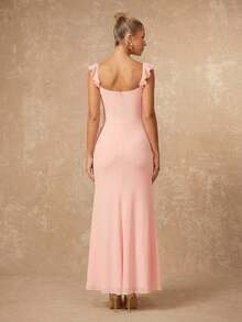 Lumalex 优雅通勤性感纯色珊瑚橙色荷叶边开衩修身A字连衣裙，适合海滩度假、邮轮旅行、晚宴、婚礼、派对、返校、毕业典礼、婚礼季等场合。 - 珊瑚粉 - 查看 3