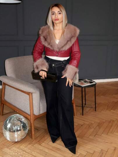 salliqueen Women's Colorblock Burgundy PU Crop Jacket With Fuzzy Detail, V Neck, And Regular Long Sleeves Crop Top Jacket Leather Crop Top Red Leather Jacket Fur Top