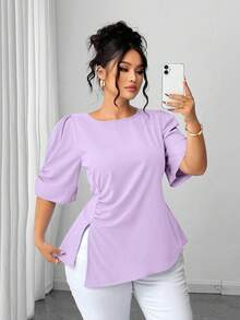 Elenzga Plus Size Women's Elegant Woven Short Sleeve Blue Beaded Decor Fitted Blouse - Purple - View 5