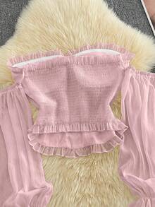 INAWLY Top corto con volantes, hombros descubiertos, botones de perlas falsas y mangas acampanadas en estilo retro francés rosa - Rosa - Ver 2