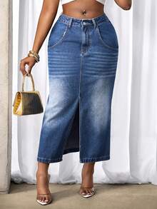 Slaydiva 女士休闲水洗牛仔开衩裙 - 中等水洗藍 - 查看 1