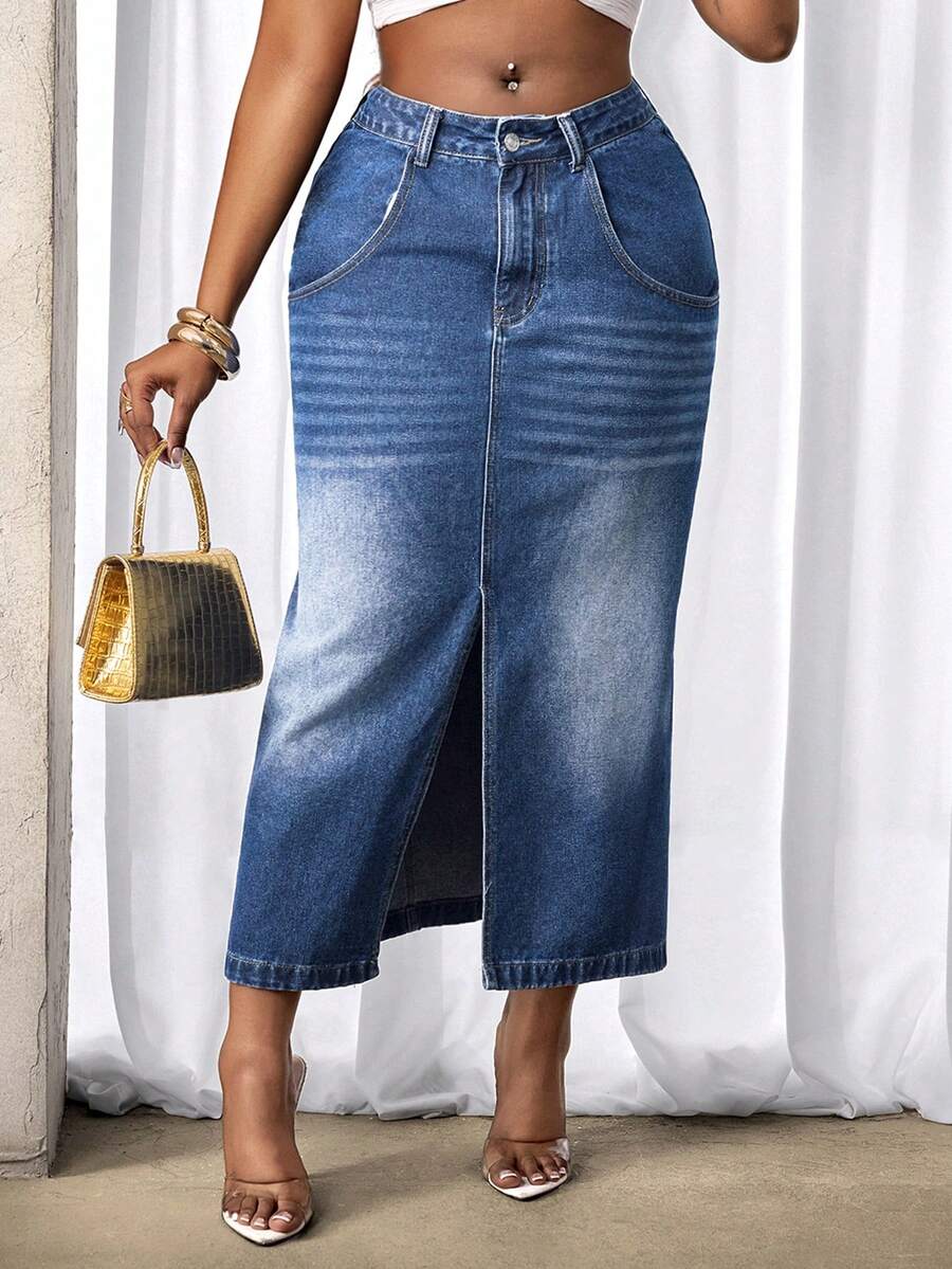 Slaydiva 女士休闲水洗牛仔开衩裙 - 中等水洗藍 - 查看 1