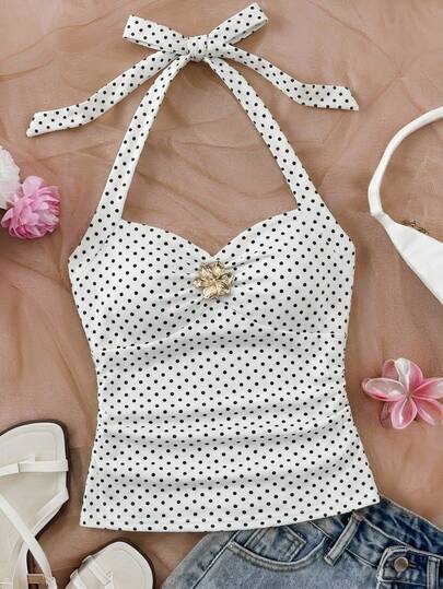 SHEIN Teen Girls Floral Metal Buckle V-Neck Polka Dot Print Knit Texture Fitted Camisole Tank Top, Suitable For Vacation, Music Festival, Bohemian, Holiday, Date, Back To School, Daily Wear, Fashion Styling