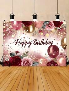 1pc Polyester Birthday Party Banner | Rose & Red Balloon Pattern, Perfect For Indoor/Outdoor Decor & Photo Backdrop - multicolor - View 4
