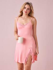 Bonmuse Women's Pink Lace Trim Slit Camisole Nightgown - Pink - View 8