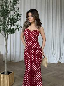 Jemour Spring/Summer Black & White Polka Dot Sexy Backless Spaghetti Strap Dress For Women - Red - View 4