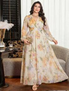 Modelyn Plus Size Women's Floral Print Elegant Cinched Waist A-Line Dress - Apricot - View 7