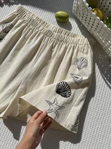 GalTyme 大码女式贝壳海星印花弹力腰休闲短裤 - 米色 - 查看 4