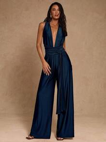 SHEIN Glamour 女士纯色深V领扭腰无袖性感连体裤 - 藏蓝色 - 查看 4