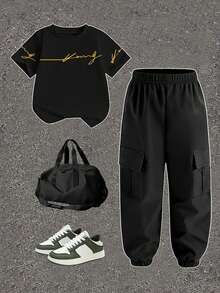 Bộ 2 món gồm áo thun cổ tròn tay ngắn và quần cargo in hình vua dành cho bé trai, thời trang và thoải mái, thích hợp cho các bữa tiệc, tụ họp, mùa xuân/hè. - Nhiều màu - Xem 3