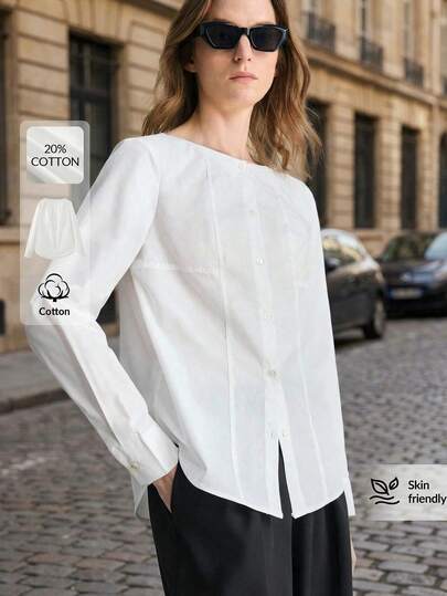 Ontre 2026ss Women's Ivory Comfortable Soft Satin Fabric Fitted Boat Neck Long Sleeve Patchwork Design Seam Pressed Sophisticated Urban Chic Business Casual Office Wear Low-Key Vintage High-End Commuter High-Quality Airport Cruise Wear Middle East Elegant Wedding Guest Minimalist Luxurious Feel Essential Versatile Casual Series Design Blouse Valentine's Day Special Design High-End, Elegant, Old-Fashioned Cruise Attire For Wedding Guests High-End, Elegant, Old-Fashion