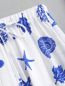 SHEIN Sweetro Quần ống rộng dáng suông màu nâu in hình vỏ sò và sao biển, thoải mái, đa năng dành cho nữ, thích hợp cho mùa xuân/hè, trang phục đi nghỉ mát, trang phục đi biển cho nữ, quần in hình sao biển, quần áo in hình vỏ sò. - Xanh và trắng - Xem 6