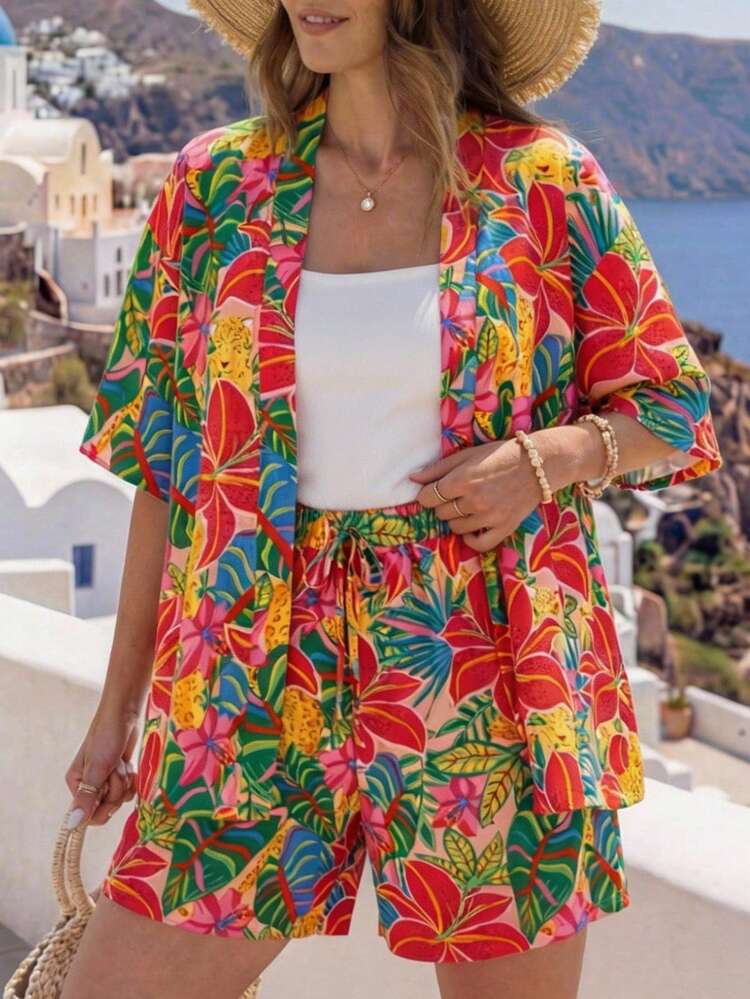 Plus Size Women Floral Print Kimono Cover Up And Shorts 2 Pieces Set Tropical Two Piece Set 2 Piece Sets Woman Summer Tropical Vacation Woman Clothes  Summer Outfits Summer Clothes  Spring  Spring Outfit Women Spring Clothes Beach Vacation Outfits For Women Bohemian