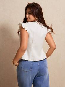 Elaquor Plus Size Women Casual Single-Breasted Cap Sleeve Shirt - Apricot - View 6