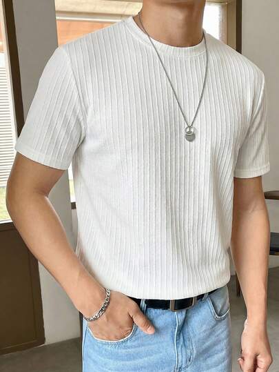 Manfinity Unisex تي شيرت قصير الأكمام محبوك بلون سادة، رقبة دائرية، مريح وعملي للصيف