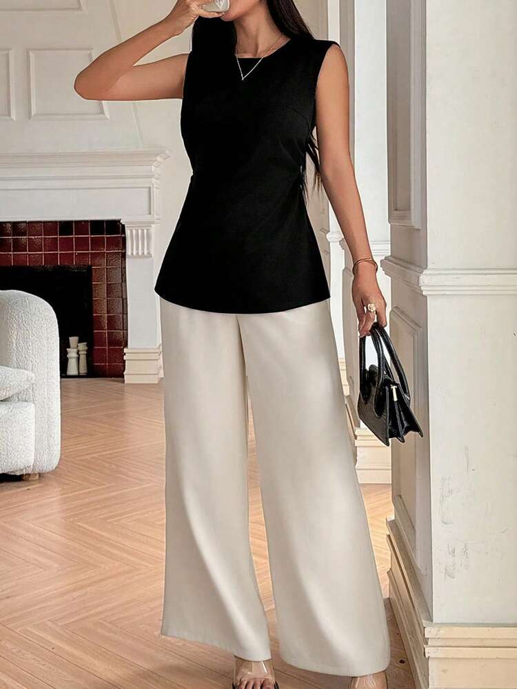 Women's Solid Color Crew Neck Sleeveless Shirt And Wide Leg Pants Casual 2-Piece Set Summer
