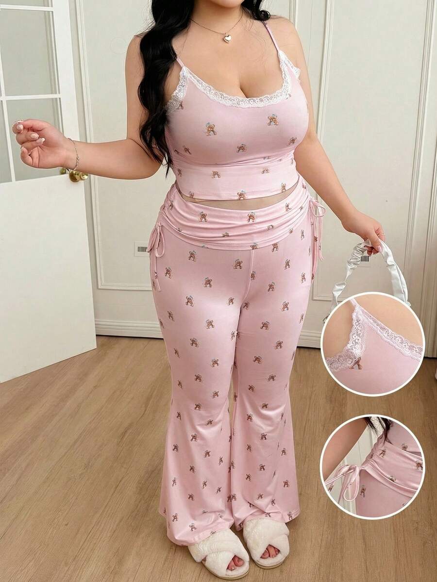 CovetEZ Bộ đồ 2 món màu hồng cỡ lớn, kiểu dáng thường ngày, hình gấu dễ thương: áo hai dây và quần ống loe. - Hồng - Xem 1