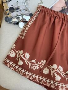 Airaco Pantalones cortos casuales de pierna ancha con cordón y estampado de monedas vintage, con un diseño elegante y estilizador - Óxido marrón - Ver 6