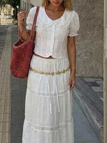 MainGRL 女士彼得潘领蕾丝拼接单排扣休闲百搭日常短袖衬衫，春夏女装，沙滩装，度假装 - 白色 - 查看 3