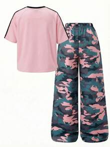 SHEIN 两件套少女舒适宽松户外街头运动风套装，粉色超大T恤+迷彩阔腿裤 - 彩色 - 查看 5