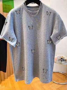 SHEIN Áo thun nữ cổ tròn thêu hình trái tim - Áo thun cổ tròn dáng thường ngày - Áo thun mỏng nhẹ phù hợp cho mọi mùa. - Xám - Xem 3