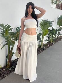 Hitanina Setelan 2 Potong Wanita Jala Warna Polos Modis, Atasan Bustier Pendek dan Rok Maxi, untuk Wanita Bertubuh Mungil - Aprikot - View 5