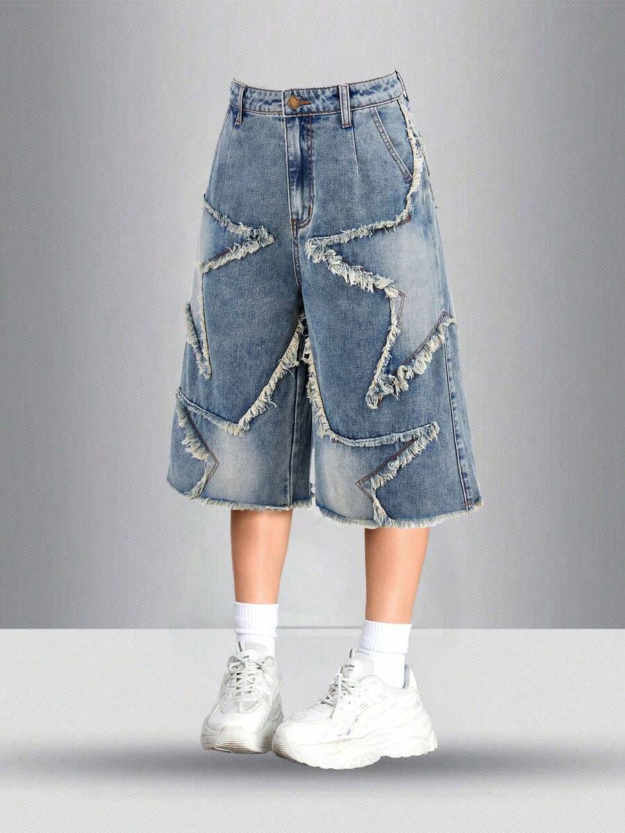 SHEIN Quần short denim dáng lửng in hình ngôi sao Y2K dành cho nữ tuổi teen, phong cách thường ngày năng động và thời trang, phù hợp đi học, dạo phố, mùa xuân hè. - Rửa nhẹ - Xem 1