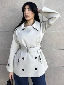 Hitanina 女士时尚优雅双排扣束带风衣法式风衣女装风衣秋冬女装风衣 - 灰色 - 查看 6