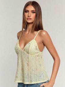 SHEIN BAE Áo hai dây màu vàng có họa tiết dành cho nữ, thích hợp cho đi biển, kỳ nghỉ, dạo phố, lễ hội âm nhạc, mùa xuân/hè. - Màu vàng - Xem 6