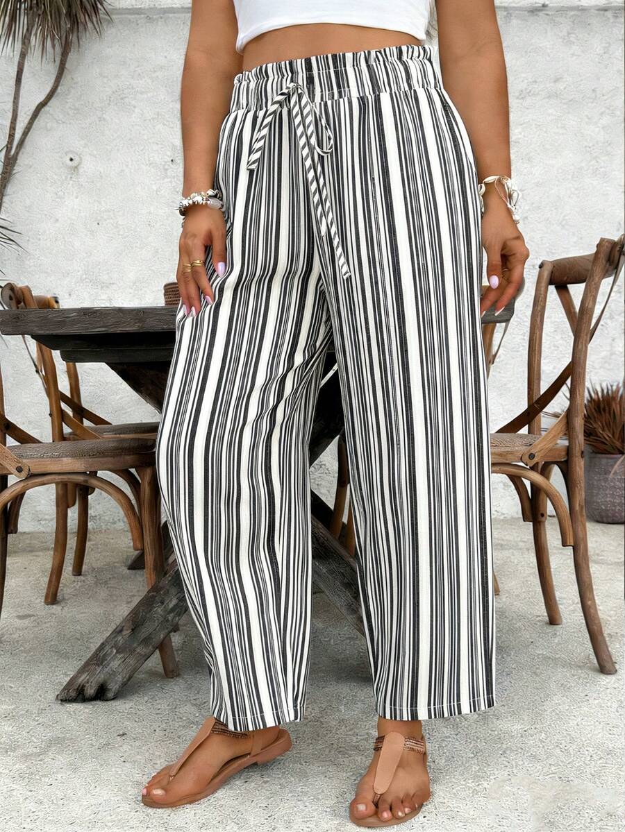 SHEIN VCAY Plus-Size Women's Striped Loose-Fitting Casual Pants With A Drawstring Waistband And Ruffled Hem. - Black and White - View 1