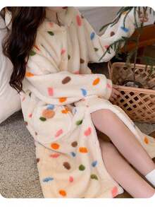 Women's Comfortable Coral Fleece Hooded Robe - Cute Cartoon Print, Long Sleeve With Pockets, Machine Washable Bathroom Decor - Multicolor - View 2