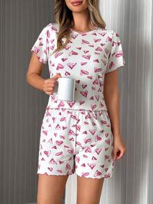 SHEIN Bộ đồ ngủ 2 món bằng cotton màu trắng với họa tiết trái tim tím lớn, cổ tròn, tay ngắn, dệt kim và quần short, đường may tương phản tinh tế, thoải mái, thích hợp mặc ở nhà cho nữ. - trắng - Xem 3