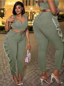 Slaydiva Quần jean skinny cạp cao có túi, gấu quần xếp ly dành cho nữ cỡ lớn - xanh quân đội - Xem 1