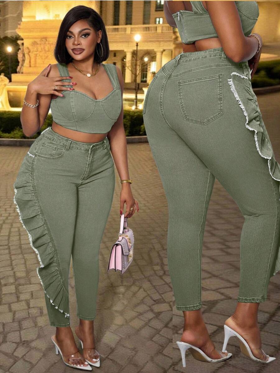 Slaydiva Quần jean skinny cạp cao có túi, gấu quần xếp ly dành cho nữ cỡ lớn - xanh quân đội - Xem 1