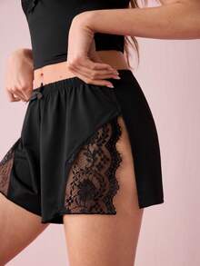 Snug Zone 对比色蕾丝蝴蝶结前吊带背心和短裤睡衣套装/睡衣套装 - 黑色 - 查看 8