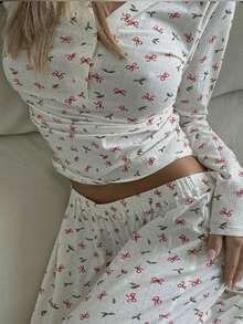 Livesso Women's Bow Print Long Sleeve Top And Wide Leg Pants Casual 2 Pieces Set - White - View 1