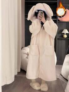 女士冬季兔耳连帽浴袍 - 加厚绒毛保暖连帽浴袍，加厚保暖睡衣，舒适家居服，卡通风格设计，动物睡衣，冬季睡衣，女士睡袍，加厚保暖睡衣，可爱兔子派对服装，易于打理的奢华水疗及家居浴袍，女士浴袍，寒冷天气家居服，趣味设计，柔软质地，穿着舒适，浴室装饰 - 彩色 - 查看 4
