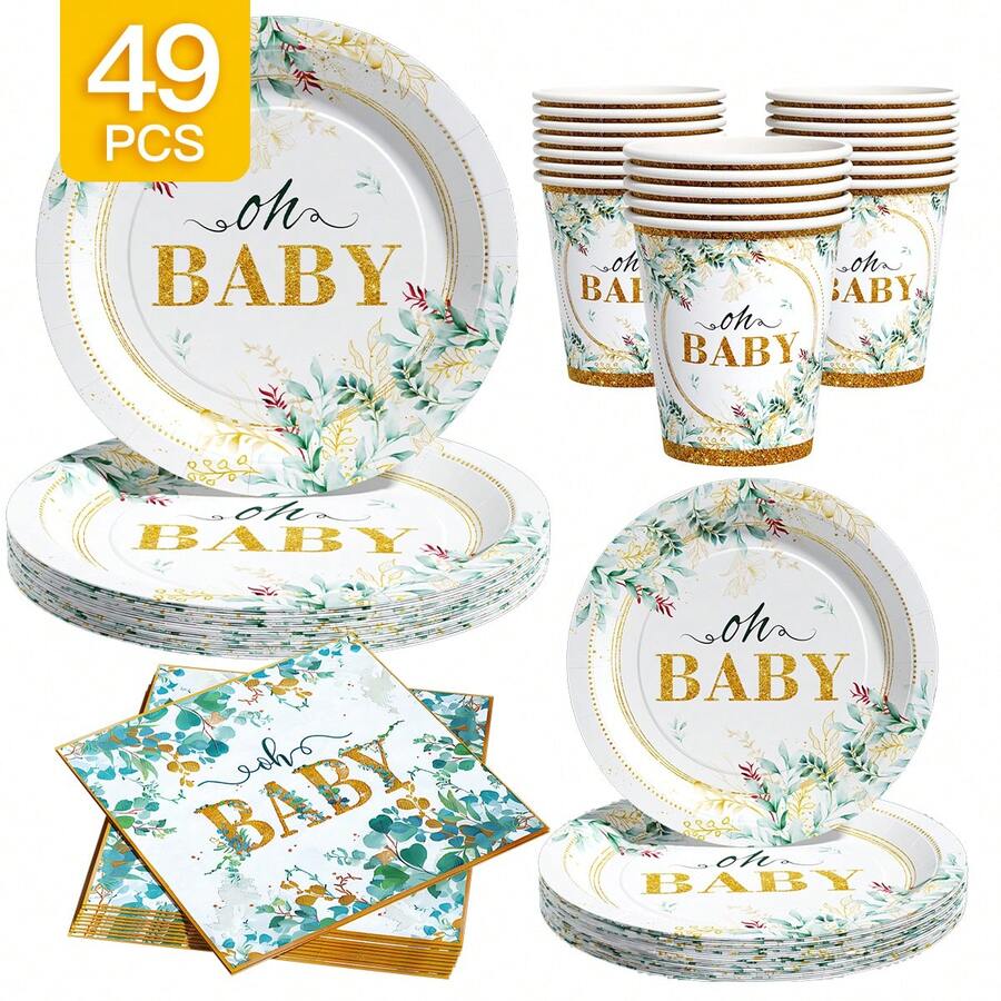 Bộ chén đĩa, khăn ăn và cốc dùng một lần Green Leaves Oh Baby, phục vụ 8 người. Bộ đồ dùng tiệc dùng một lần này (bao gồm chén đĩa, khăn ăn và cốc) rất phù hợp cho các bữa tiệc sinh nhật, đám cưới và dã ngoại gia đình. - Xem 1