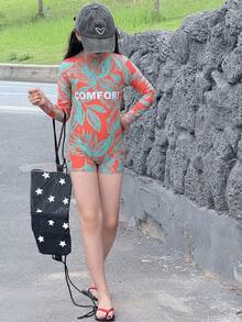 Livesso Tween Girl One-Piece Tropical Plant & Letter Print Swimsuit With Shorts - Orange - View 6
