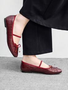 CUCCOO BIZCHIC Women's Casual Solid Color Bow Decor Versatile Flat Loafers For Christmas Spring Shoes - Bordeaux - View 4