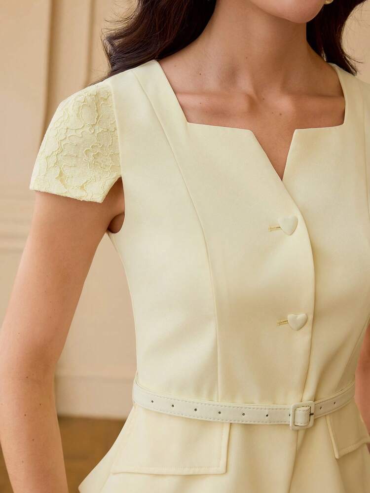 ZEYLAH Women's Elegant Solid Color Top With Lace Panel And Pleated Skirt 2Pcs Set