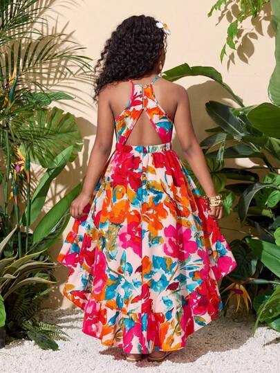 SHEIN Young Girl Elegant Minimalist Halter Floral Print Sleeveless Dress