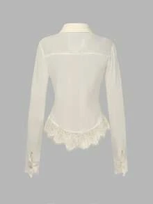 Selianne 女士优雅撞色蕾丝不对称下摆修身衬衫，适合春、夏、秋季办公室通勤穿着。 - 白色 - 查看 2