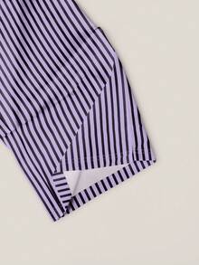 Resyla 女士休闲纯色短袖T恤和条纹短裤两件套，夏季 - 紫色 - 查看 7